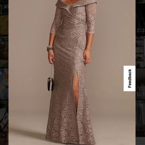 David’s Bridal Off-the-Shoulder V-Neck Ruched Lace Gown